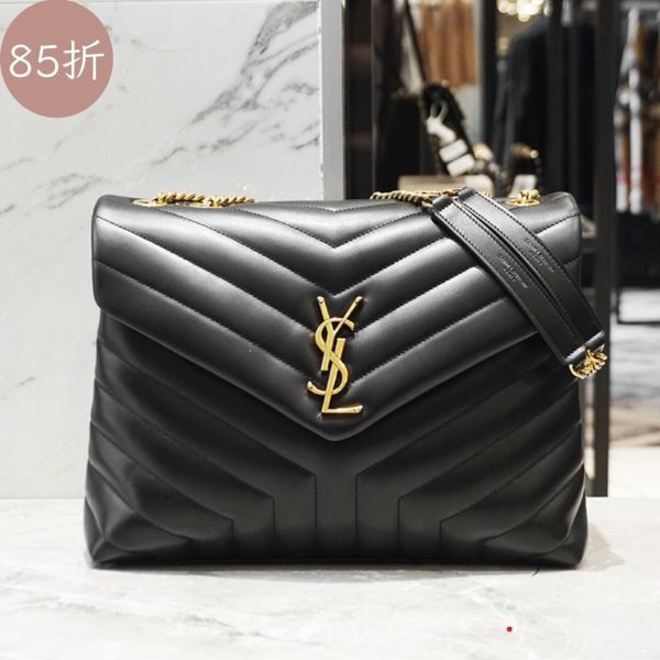 Saint Laurent YSL 574946 中款 Lou Lou 小羊皮金鍊兩用包  黑色 YSL Lou Lou包, Saint Laurent兩用包, YSL中款手袋, 小羊皮金鍊包, Y字縫線肩包