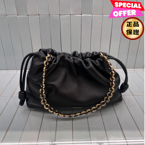 Loewe 中款 金鍊小羊皮 Flamenco 包  黑色 Loewe Flamenco包, 中型肩背包, Nappa小羊皮包, 名牌斜挎包, 多功能手提包, Anagram壓花包款, 高端奢華包款。