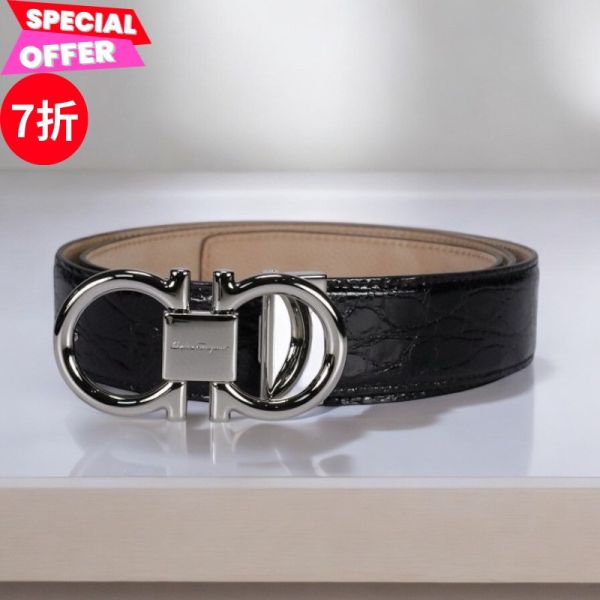 Ferragamo 694556 男款 Gancini 鱷魚皮3.5公分寬腰帶    黑色    長90/95/100/105/115 公分 Ferragamo、Gancini、鱷魚皮帶、精品皮帶、黑色皮帶、奢華配件、平行輸入、精品平行輸入、100%真品、專櫃真品保證、精品折扣、優惠精品價格、限時優惠、快速配送、台灣精品代購