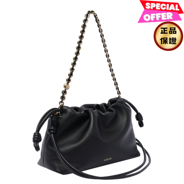 Loewe 中款 金鍊小羊皮 Flamenco 包  黑色 Loewe Flamenco包, 中型肩背包, Nappa小羊皮包, 名牌斜挎包, 多功能手提包, Anagram壓花包款, 高端奢華包款。