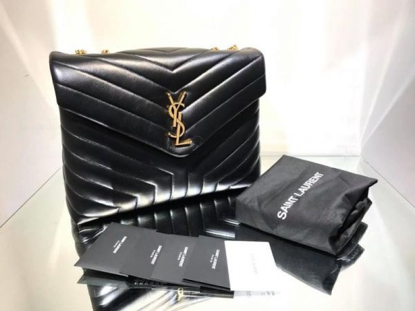 Saint Laurent YSL 574946 中款 Lou Lou 小羊皮金鍊兩用包  黑色 YSL Lou Lou包, Saint Laurent兩用包, YSL中款手袋, 小羊皮金鍊包, Y字縫線肩包