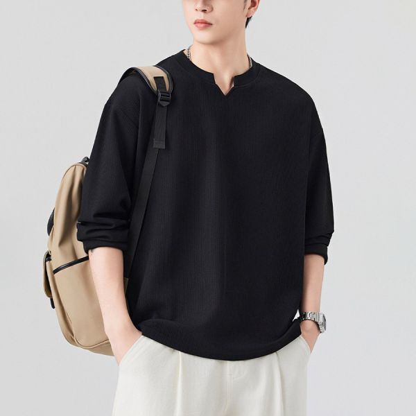 啟嶺小V開口圓領休閒長袖 - 3配色 幕峰MuFeng, 秋季衛衣, 圓領長袖, 潮牌上衣, 男士百搭, 寬鬆休閒, 透氣舒適, 簡約時尚, 日常穿搭, 潮流男裝