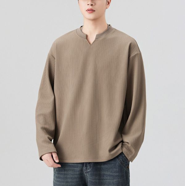 啟嶺小V開口圓領休閒長袖 - 3配色 幕峰MuFeng, 秋季衛衣, 圓領長袖, 潮牌上衣, 男士百搭, 寬鬆休閒, 透氣舒適, 簡約時尚, 日常穿搭, 潮流男裝