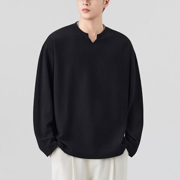 啟嶺小V開口圓領休閒長袖 - 3配色 幕峰MuFeng, 秋季衛衣, 圓領長袖, 潮牌上衣, 男士百搭, 寬鬆休閒, 透氣舒適, 簡約時尚, 日常穿搭, 潮流男裝