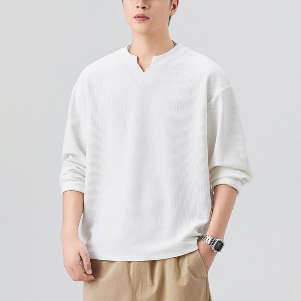 啟嶺小V開口圓領休閒長袖 - 3配色 幕峰MuFeng, 秋季衛衣, 圓領長袖, 潮牌上衣, 男士百搭, 寬鬆休閒, 透氣舒適, 簡約時尚, 日常穿搭, 潮流男裝