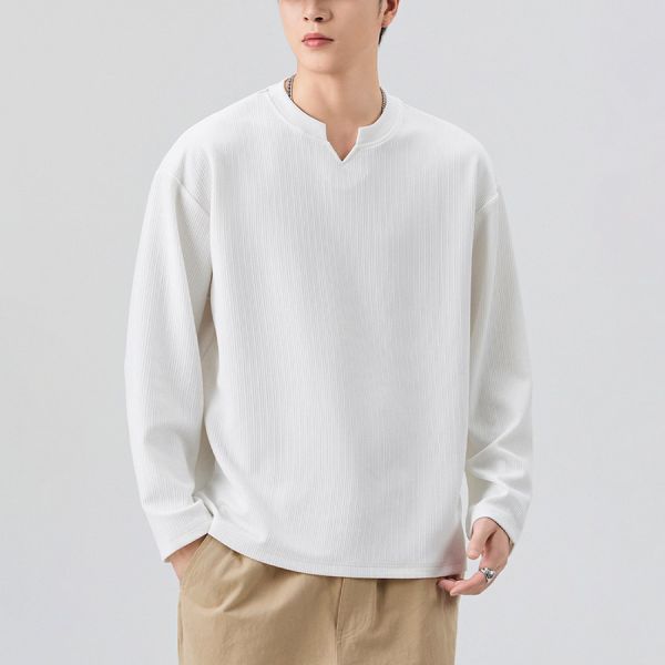 啟嶺小V開口圓領休閒長袖 - 3配色 幕峰MuFeng, 秋季衛衣, 圓領長袖, 潮牌上衣, 男士百搭, 寬鬆休閒, 透氣舒適, 簡約時尚, 日常穿搭, 潮流男裝