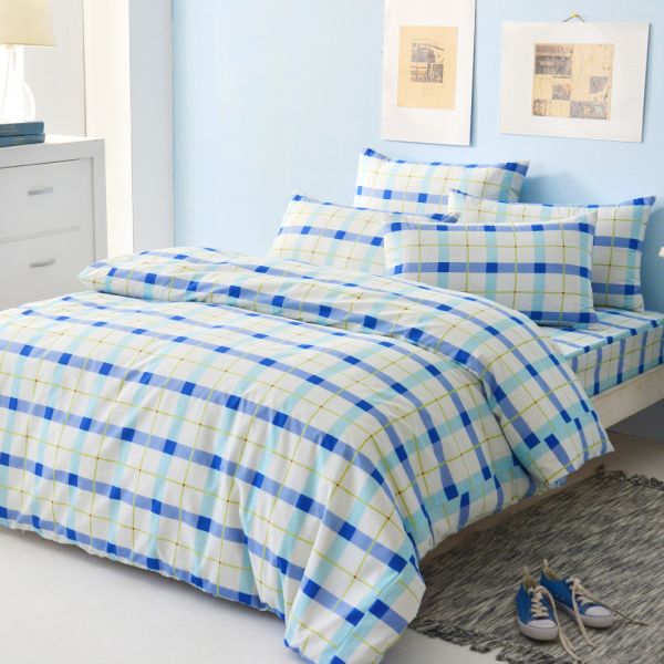 LAMINA混紡加大床包枕套三件組-經典格藍 