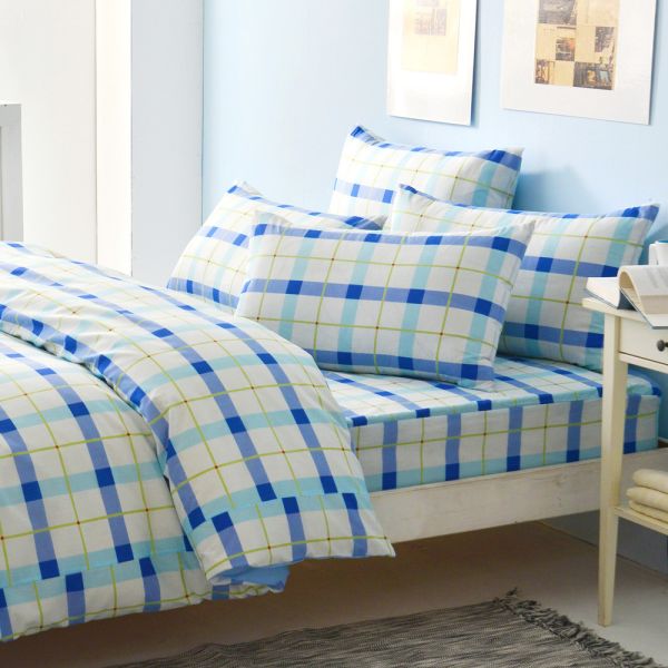 LAMINA混紡加大床包枕套三件組-經典格藍 