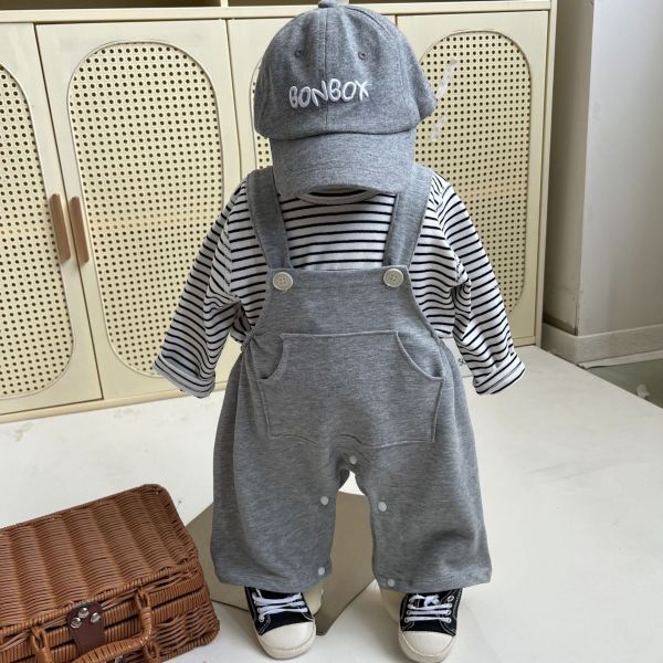 灰色條紋吊帶連身套裝 