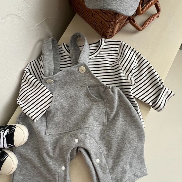 灰色條紋吊帶連身套裝 