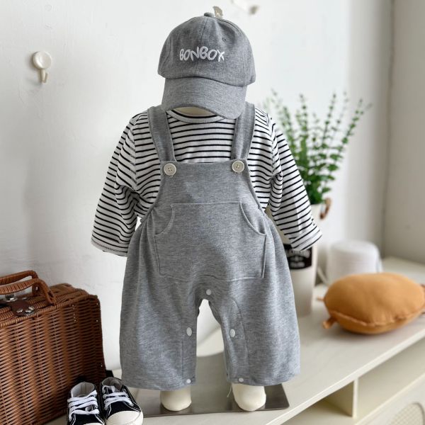 灰色條紋吊帶連身套裝 