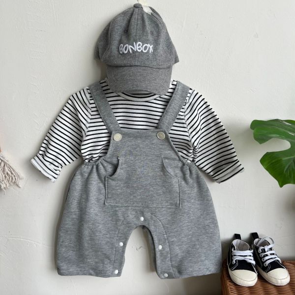 灰色條紋吊帶連身套裝 