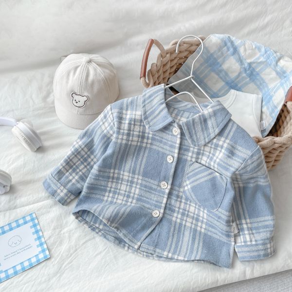 清新藍格休閒長衫 