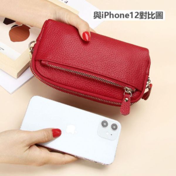 頭層牛皮三拉鍊女士手拿包女夾-附手腕帶【LH869】 