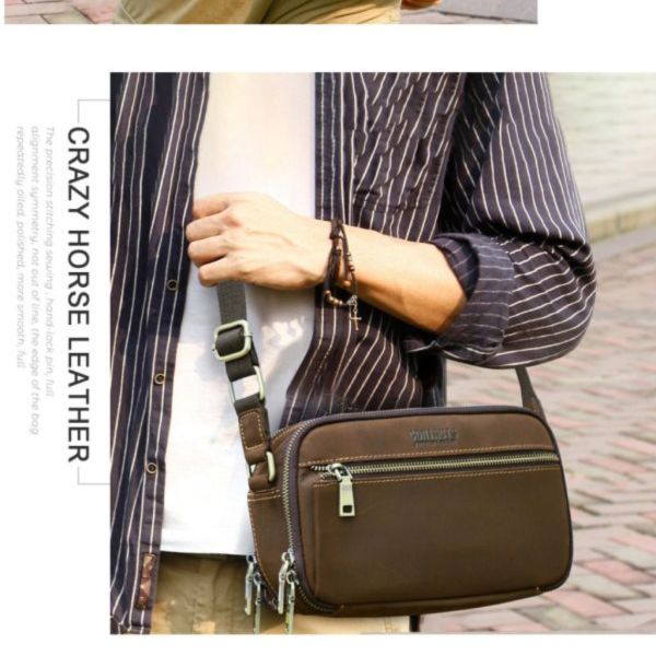 頭層瘋馬牛皮雙拉鍊橫款肩背包男包【LB1101】 