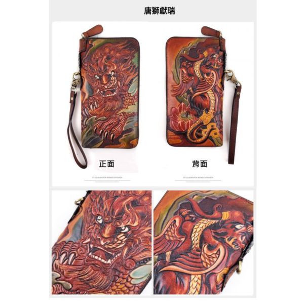 頭層牛皮手工彩繪長夾男夾-唐獅貔貅【LH904】 