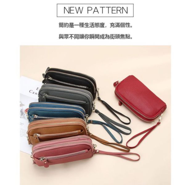 頭層牛皮三拉鍊女士手拿包女夾-附手腕帶【LH869】 