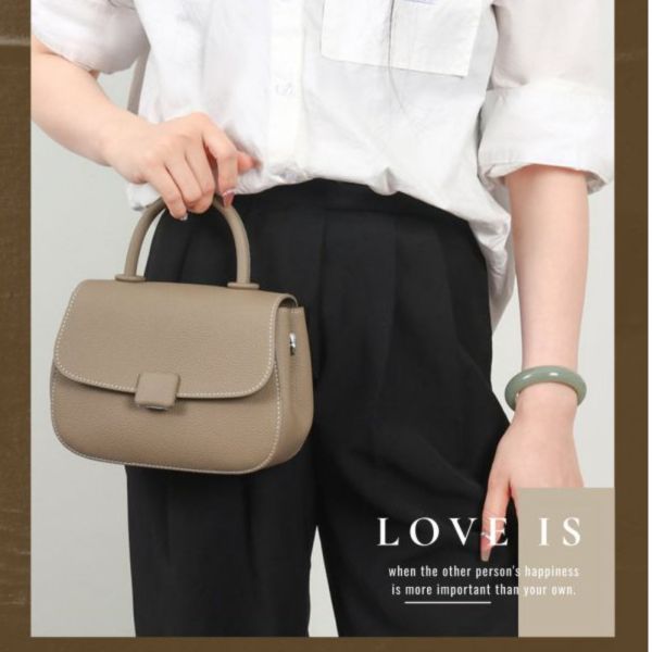 頭層牛皮素色翻蓋肩背手提包女包【LB1073】 