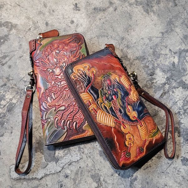 頭層牛皮手工彩繪長夾男夾-唐獅貔貅【LH904】 