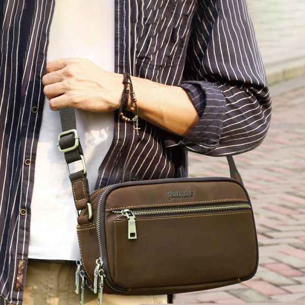 頭層瘋馬牛皮雙拉鍊橫款肩背包男包【LB1101】 