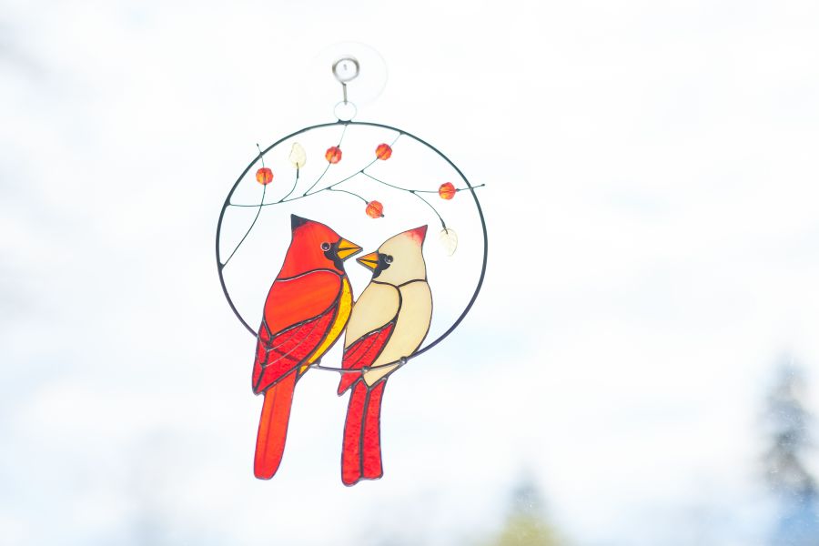 北美紅雀成對(比翼)︱陽光捕手 捉光擺飾,居家裝飾,窗戶掛飾,捕夢者,花藝裝飾,陽光捕手,鑲嵌玻璃,情人節禮物,北歐風,花店,母親節禮物
