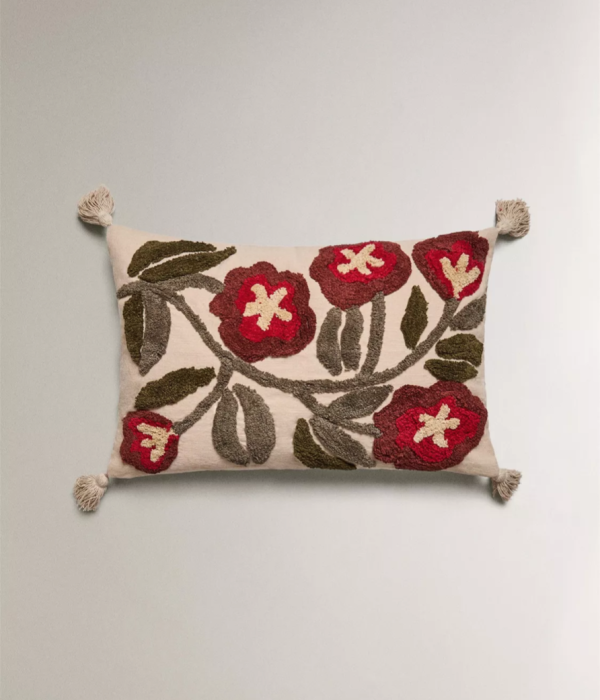 紅花圖案靠枕 