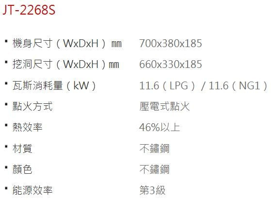 【日成】喜特麗.嵌入式瓦斯爐 JT-2268S  正三環.全銅爐頭 桃園廚具,日成,日成廚具,日成廚衛,日成廚衛生活館,廚具行,喜特麗,瓦斯爐,甜甜價,優惠