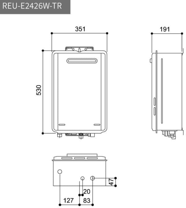 REU-E2426W-TR熱水器-林內-日本進口-RF-屋外-潛熱回收-24公升-四段火排-五年保固-尺寸