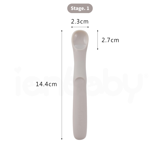 S-SP_13.jpg/ ianbaby頂級鉑金矽膠餵食湯匙Stage.1尺寸為14.4cm*2.3cm，重量25g，適用溫度範圍-50°C~250°C，建議使用年齡4個月以上。