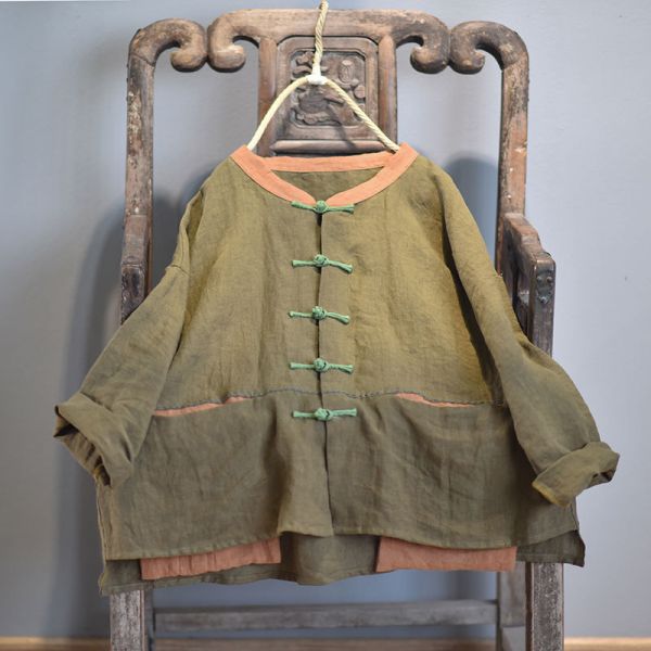燕燕~棉麻商品~日系森林系~春秋款 亞麻材質 盤扣撞色做舊舒適外套 長袖棉麻衫 