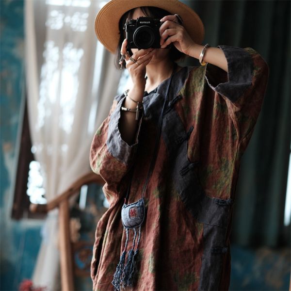 燕燕~秋季新款  純亞麻寬鬆盤扣斜襟拼色花袍 洋裝 連身裙。 ab209201 