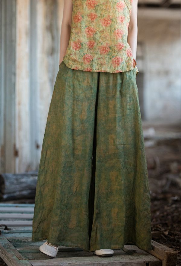 燕燕~春夏款 苧麻    做舊休閒褲 闊腿褲  垂感拖地高腰顯瘦褲裙  長褲 民俗風寬褲 