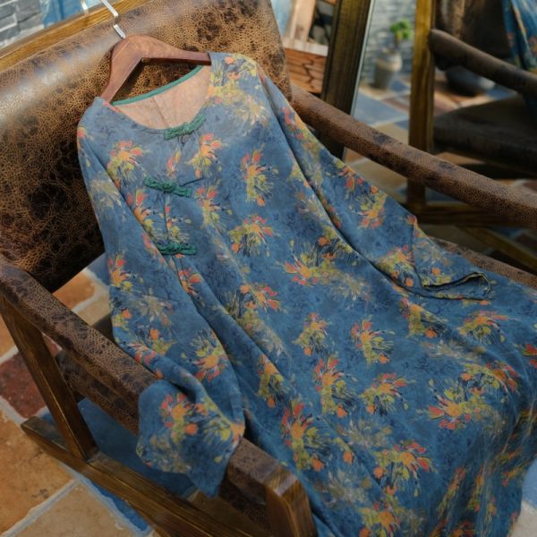 燕燕~春季新款. 雙層棉紗 寬鬆盤扣斜襟花袍洋裝 連身裙 