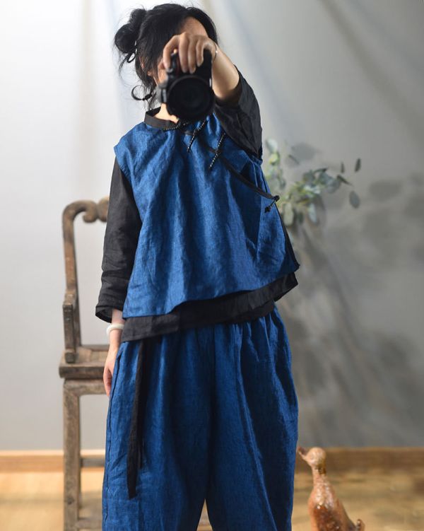 燕燕~亞麻 中式偏襟手工盤扣復古文藝無袖背心 