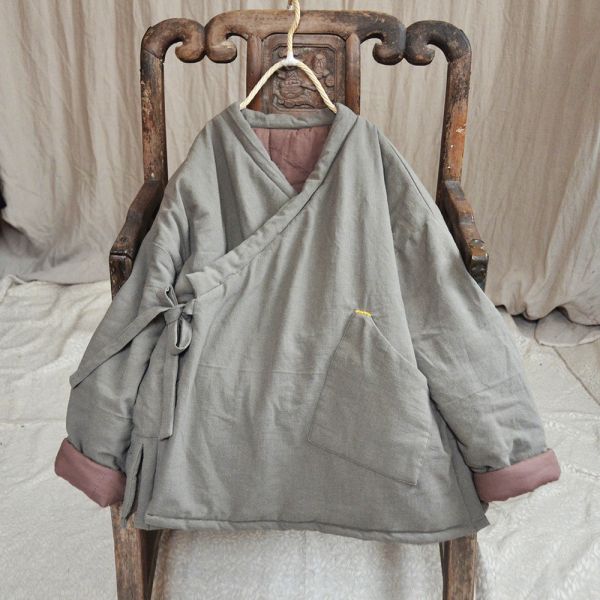 燕燕～秋冬款 V領繫帶棉服手縫線保暖文藝復古禪意氣質棉外套 