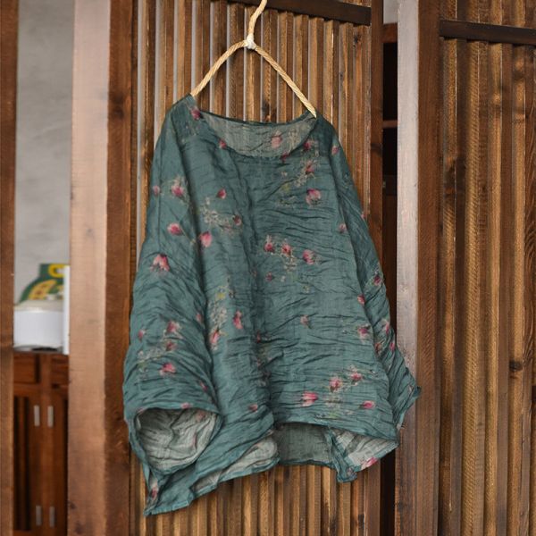 燕燕~苧麻~輕薄印花寬鬆短版女外套 時尚百搭襯衫休閒麻衫 上衣 