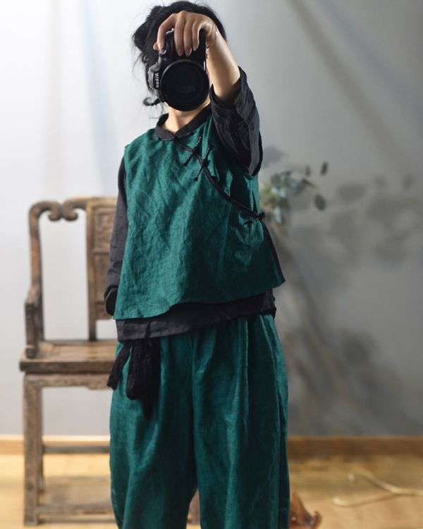 燕燕~亞麻 中式偏襟手工盤扣復古文藝無袖背心 