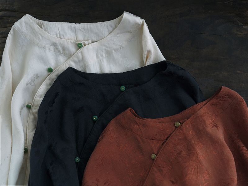 燕燕~天絲提花~廓形蝙蝠袖襯衫 中國式斜襟珠扣茶服上衣。 ab2421301 