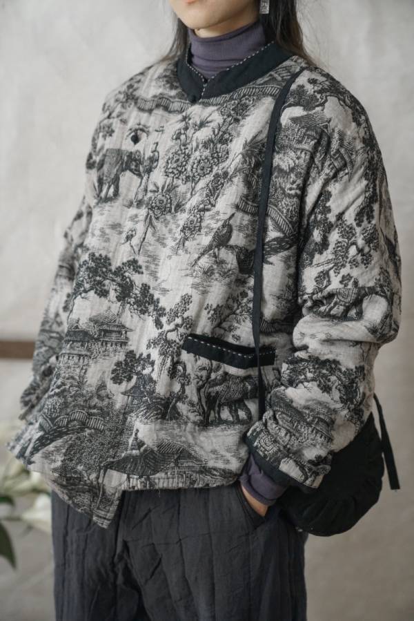 燕燕棉麻~復古雙層印花加厚斜襟棉衣上衣 新中式個性棉衣外套 ab2143601 