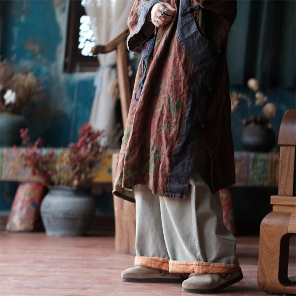 燕燕~秋季新款  純亞麻寬鬆盤扣斜襟拼色花袍 洋裝 連身裙。 ab209201 