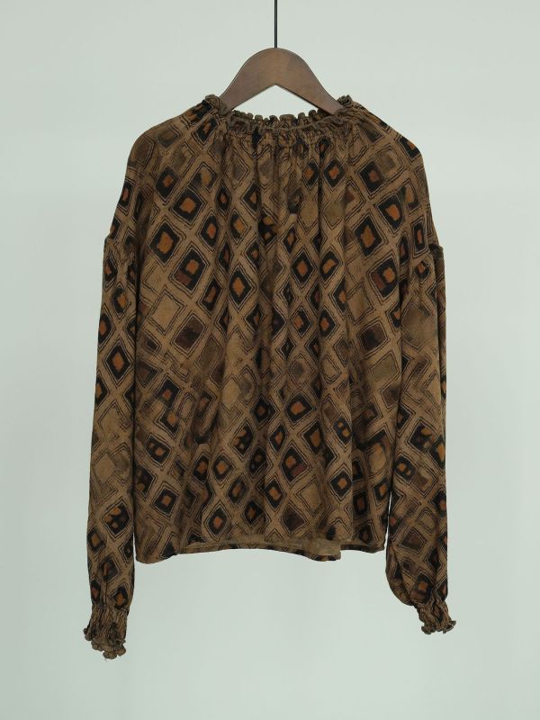 燕燕～早秋款 復古雙層紗印花鬆緊領襯衫 上衣  ab2321001 