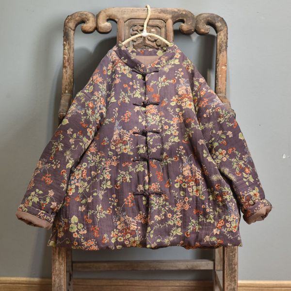 燕燕~棉麻商品~棉麻材質 立領便中式開衫棉服 復古印花保暖棉衣外套 