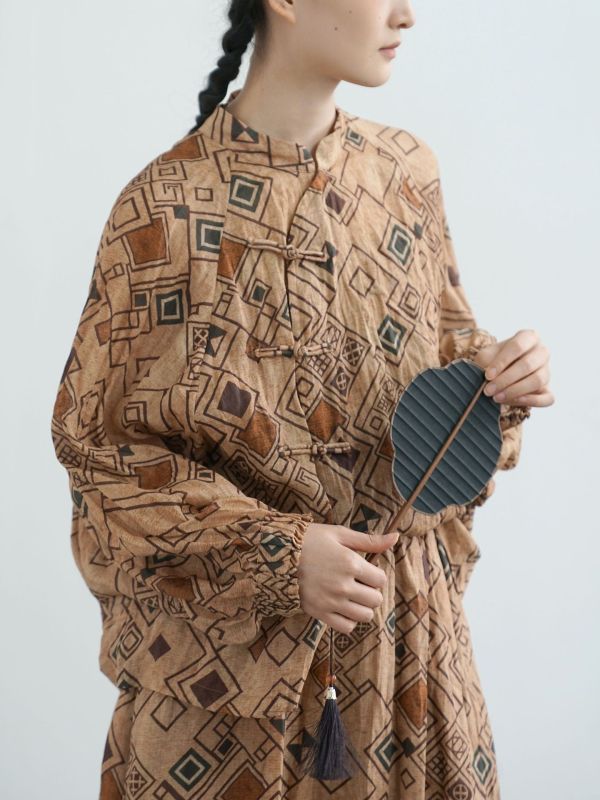 燕燕~苧麻 東方印花蝙蝠袖斜襟襯衫 復古寬鬆個性上衣 ab2506601 