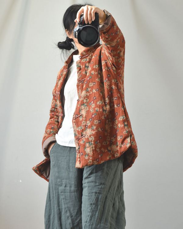 燕燕~棉麻商品~棉麻材質 立領便中式開衫棉服 復古印花保暖棉衣外套 