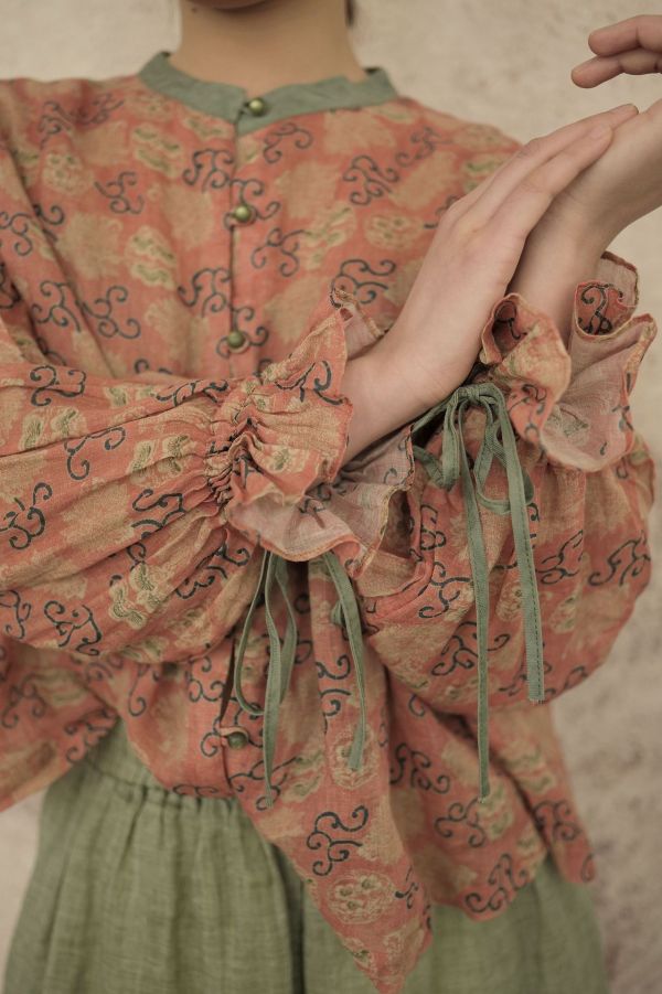 燕燕棉麻～苧麻 撞色寬鬆襯衫 喇叭袖開衫襯衫  上衣 ab2307401 