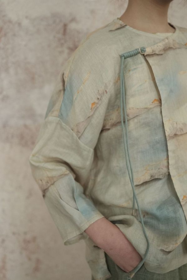 燕燕～亞麻 印花文藝偏襟盤扣上衣 襯衫  長袖棉麻衫   ab2305701 