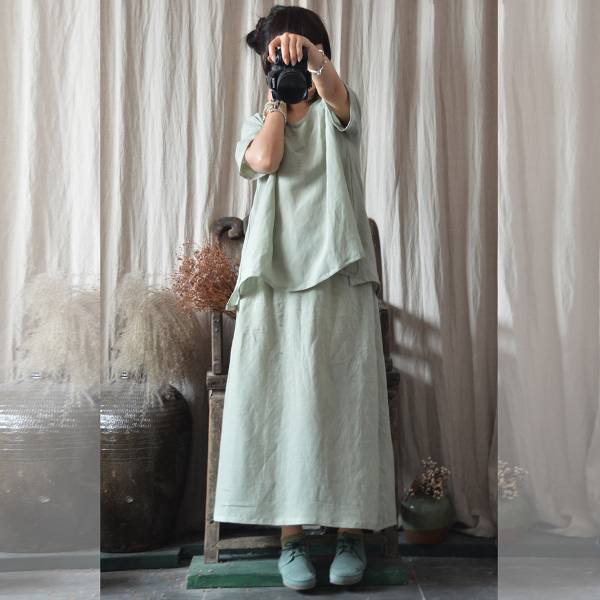 燕燕~棉麻商品~夏季款式 飄逸寬鬆套裝中長款亞麻長裙 