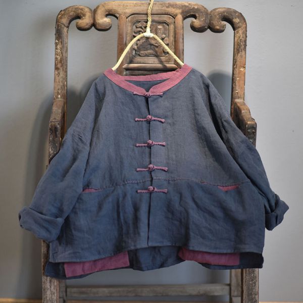 燕燕~棉麻商品~日系森林系~春秋款 亞麻材質 盤扣撞色做舊舒適外套 長袖棉麻衫 