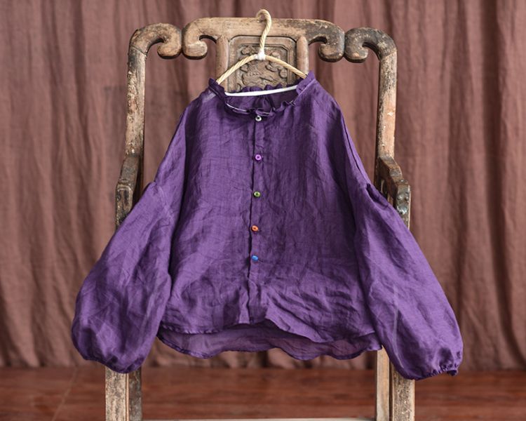 燕燕~棉麻商品~春夏款 輕薄透苧麻 燈籠袖荷葉圓領襯衫 長袖棉麻衫 