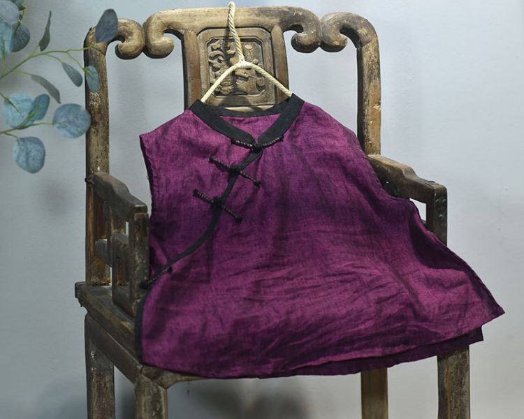 燕燕~亞麻 中式偏襟手工盤扣復古文藝無袖背心 